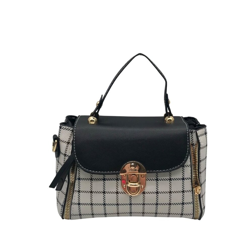 Plaid Faux Leather Satchel Bag